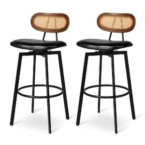 Seat Height 30 in. H Modern Leatherette Swivel Bar Stool with Black Metal Frame Walnut Faux Rattan Backrest（Set of 2）