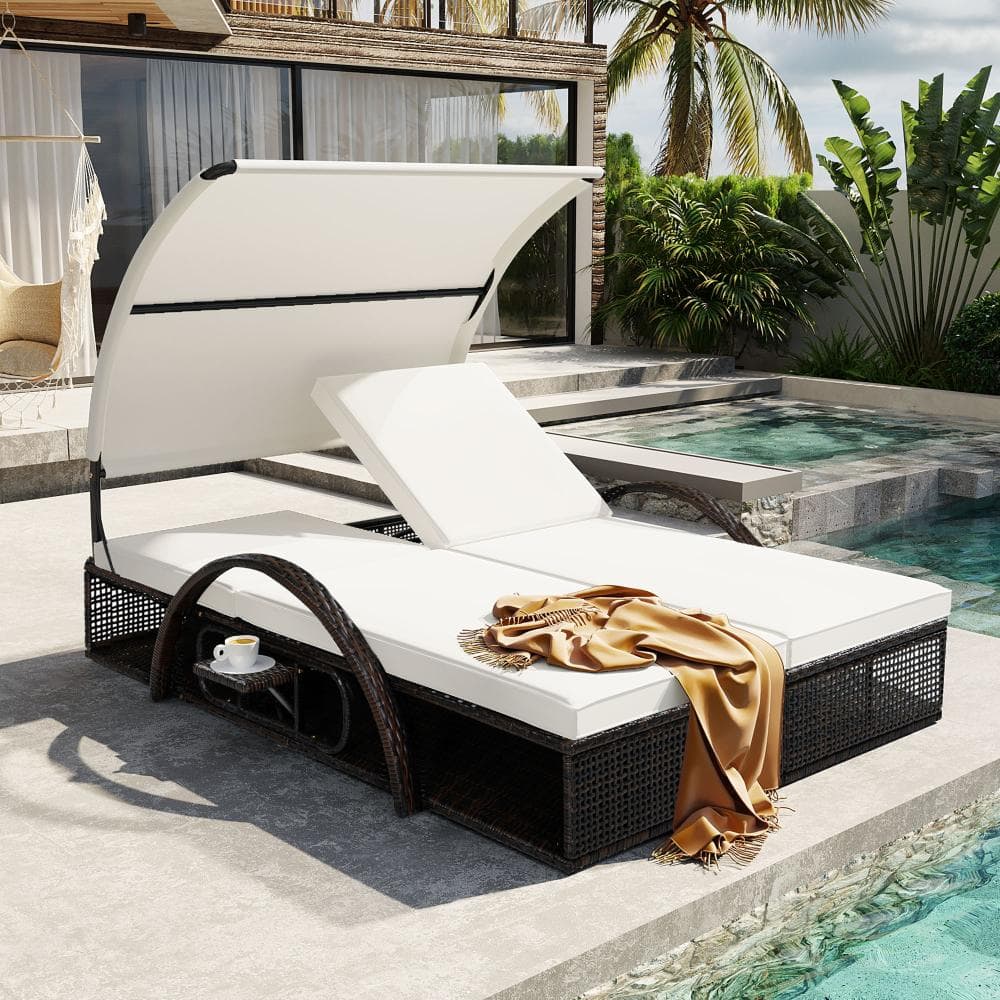 Outdoor Wicker Double Sunbed with Adjustable Backrest, Hidden Side Table & Beige Cushions for Garden & Backyard price history on PriceWatchPro