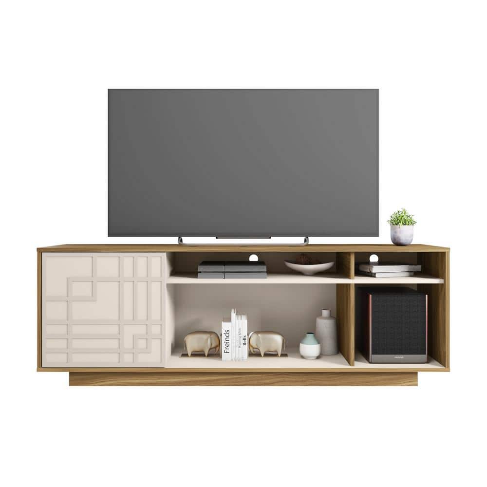 Oak and White Modern TV Stand with Chevron Pattern Cabinet for 70" Screens