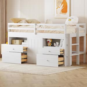 White Wood Frame Twin Size Loft Bed with 4 Drawers, Underneath Cabinet, Storage Shelves, Full-Length Bedrails