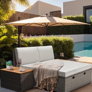 Wicker Outdoor Day Bed with Removable Storage Cabinet and Bedside Cabinets, White Cushions