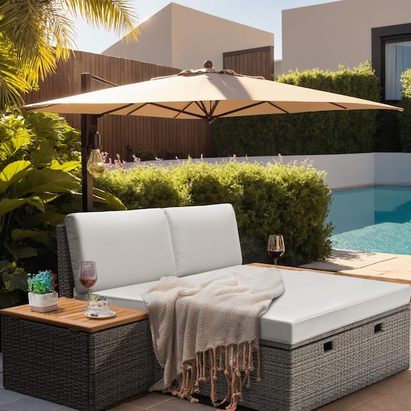 Foredawn Wicker Outdoor Day Bed with Removable Storage Cabinet and Bedside Cabinets, White Cushions