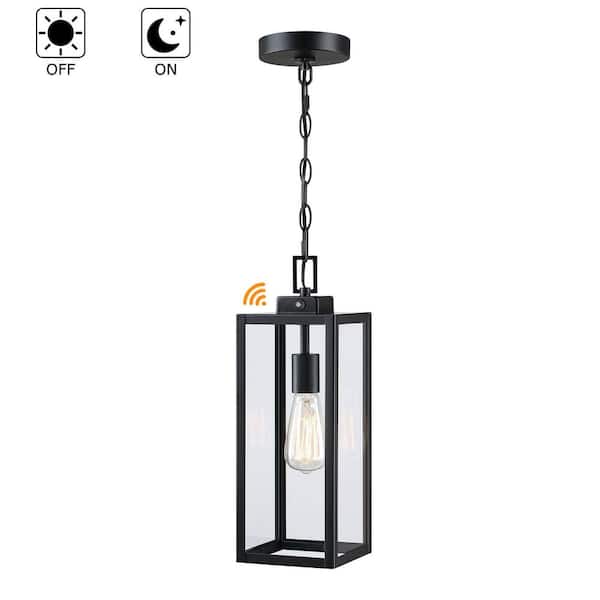 Alfa 17 in. 1-Light Matte Black Outdoor Hanging Lantern Pendant Light with Clear Glass Dusk to Dawn