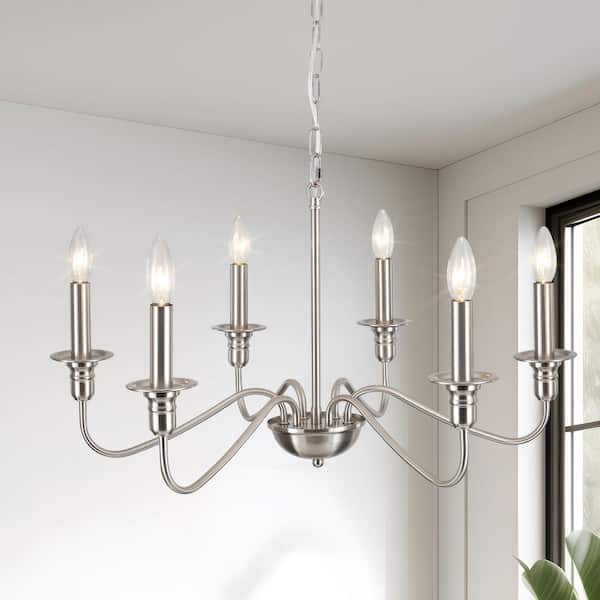 6-Light Nickel Candlestick Hanging Ceiling Light Fixture Linear Chandelier Lighting for Kitchen Island