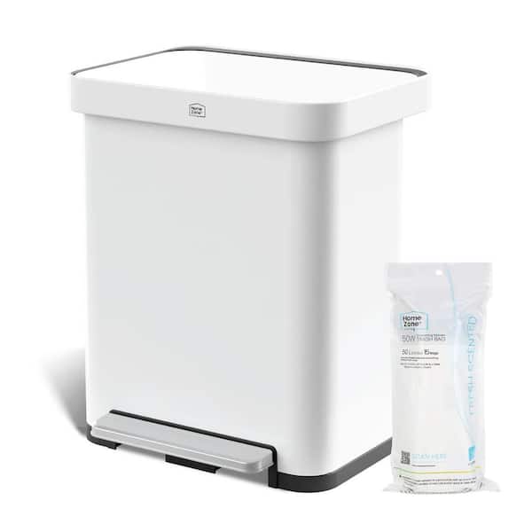 13 Gal. White Stainless Steel Kitchen Trash Can with Step-On Pedal and Slow Closing Lid, Virtuoso Collection