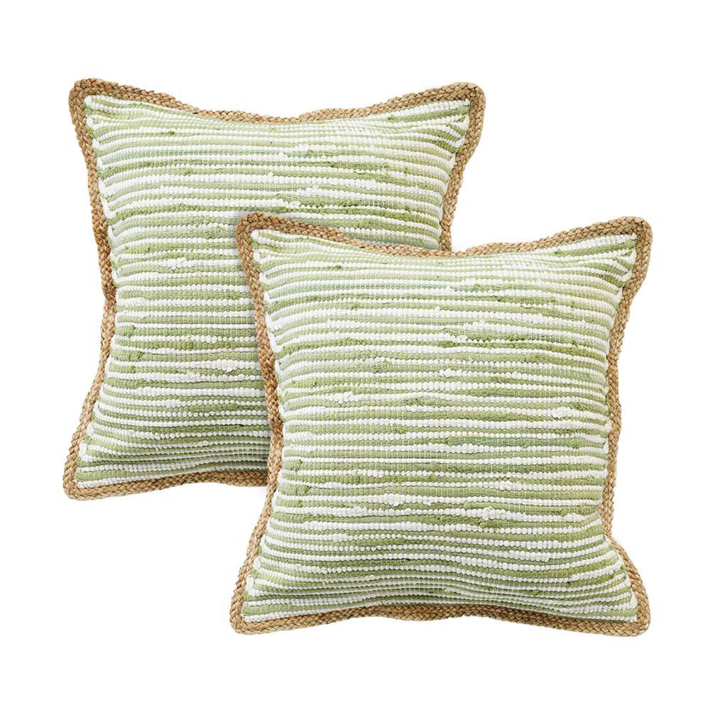 Raeleigh Green Striped Cotton Blend 20 in. x 20 in. Indoor Throw Pillow (Se