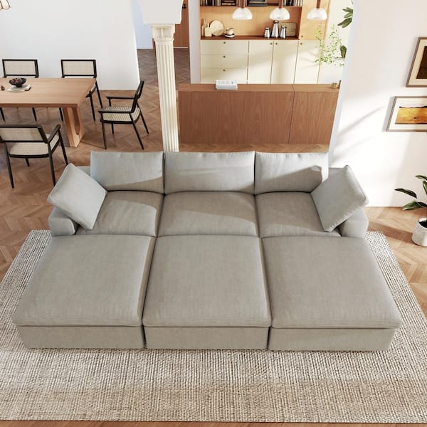 118 in. Square Arm 6-Piece Linen L-shaped Sectional Sofa Cloud Couch in Gray with Ottoman