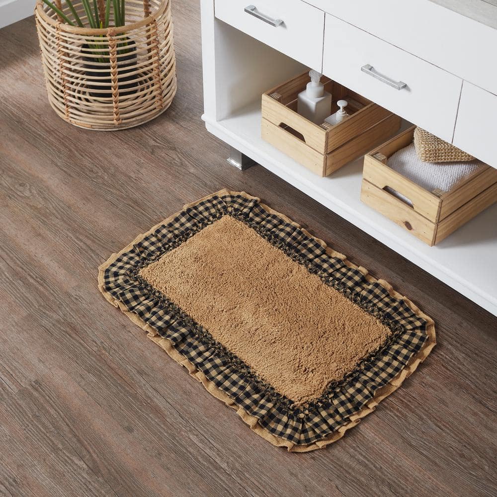 Farmhouse Tan and Black Checkered Cotton Burlap Bath Mat 20x30