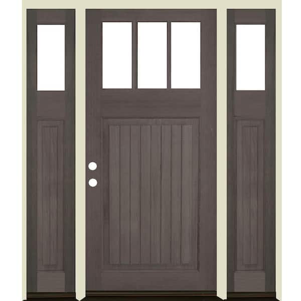 Krosswood Doors 64 in. x 80 in. Craftsman 3-Lite Clear Glass VG Grey Stain Right Hand Hemlock Wood Prehung Front Door w/DSL