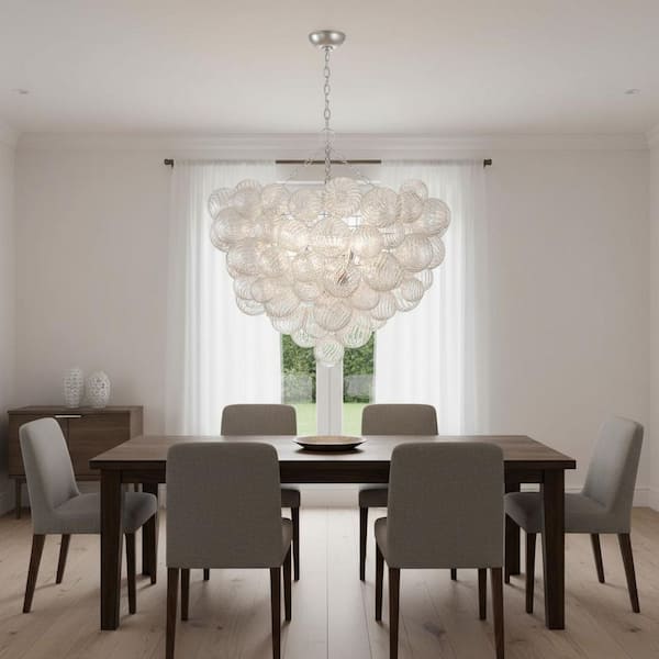 1-Light Nickel Bubble Ball Glass Integrated LED Chandelier, RGBCW Dimmable Glass Cluster Ceiling Light for Dining Room