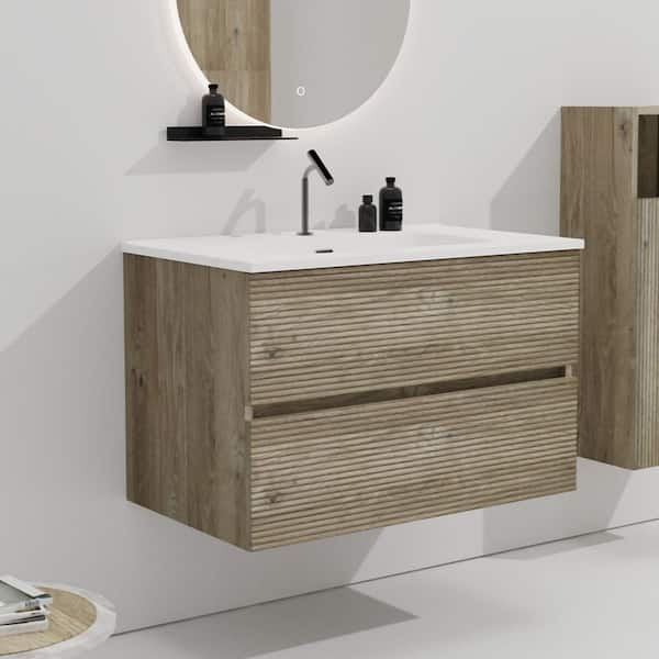 FAMYYT 30 in. Single Sink Floating Natural Oak Bath Vanity with White Ceramic Top, Pre-assembled