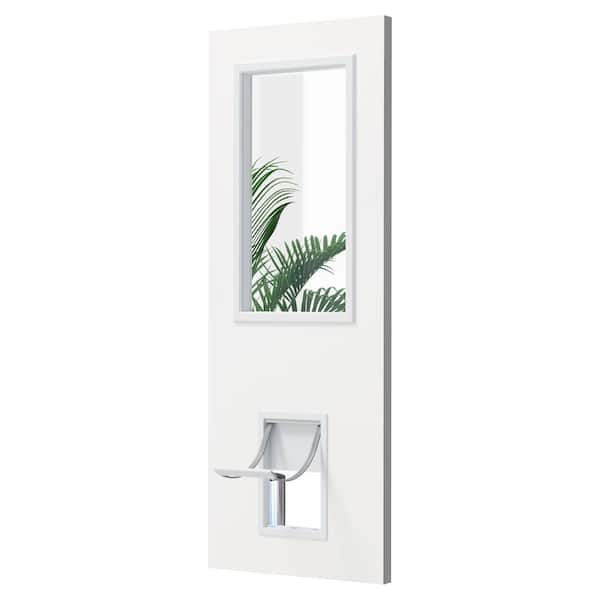 30 in. x 80 in. 1 Lite, Universal, Clear Glass, White Primed Wood Front Door Slab with Large Pet Door