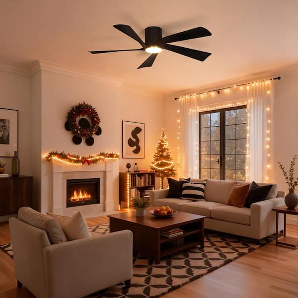 52 in. Smart Indoor Matte Black Color Changing Low Profile Standard Flush Mount Ceiling Fan with Bright White LED