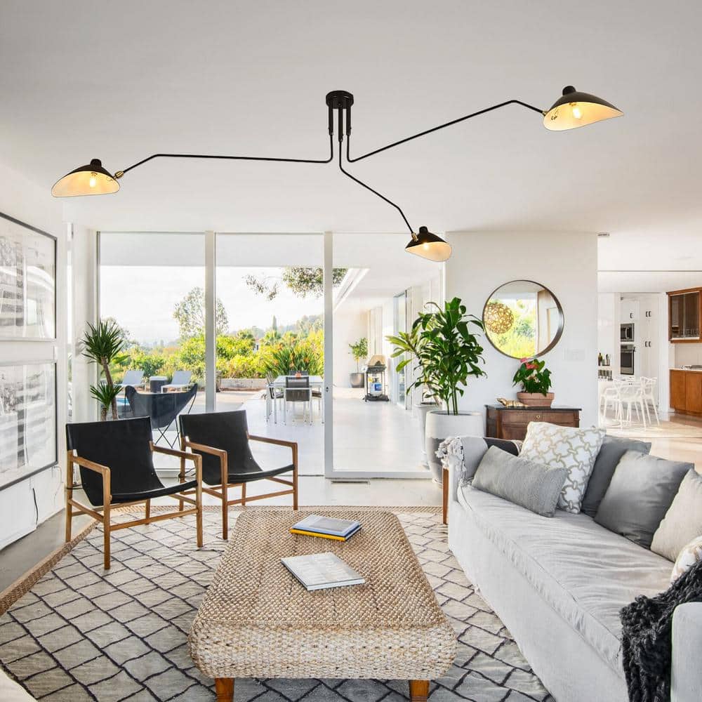 3-Light Mid-Century Modern Black Chandelier Ceiling Light for Living Room w