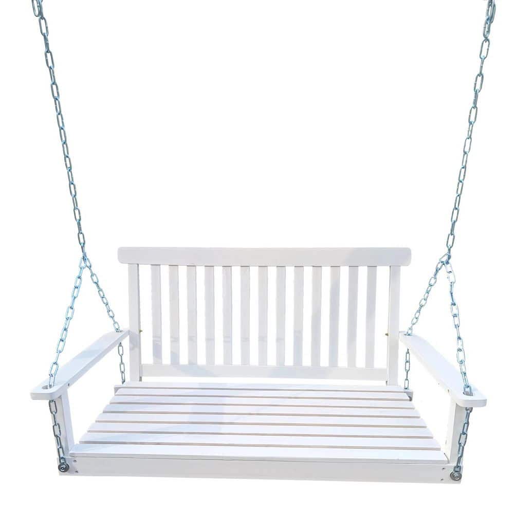 Front Porch Swing with Handrails, Wooden Bench Swing with Hanging Chains, White