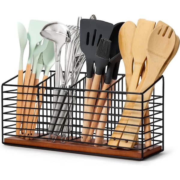 Adrinfly Large Kitchen Utensil Holder Organizer Matte Black Metal Oak Base 4 Compartment Non-Slip Open Design