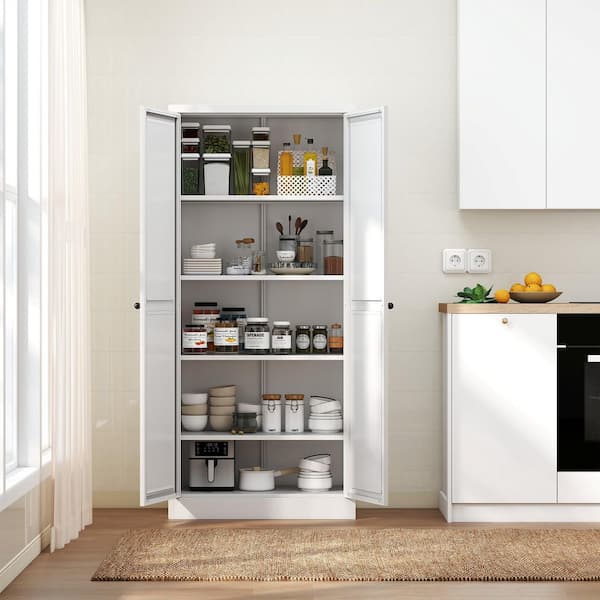 61 in. White Metal Pantry Cabinet with 4 Adjustable Shelves, Heavy Duty Kitchen Storage Organizer