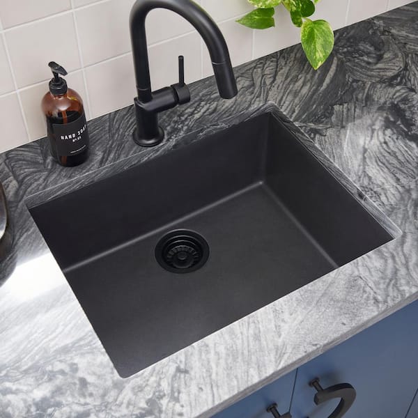 EpiGranite Granite Quartz Composite 21 in. Undermount Bar Sink in Midnight Black with Accessories