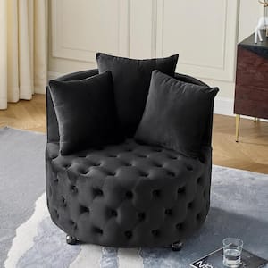 Black Velvet Upholstered Accent Swivel Chair Barrel Living Room Chair with Button Tufted Cushions and 3-Pillows