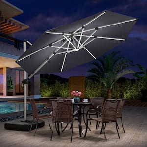 11 ft. Octagon Aluminum Solar Powered LED Patio Cantilever Offset Umbrella with Stand, Gray