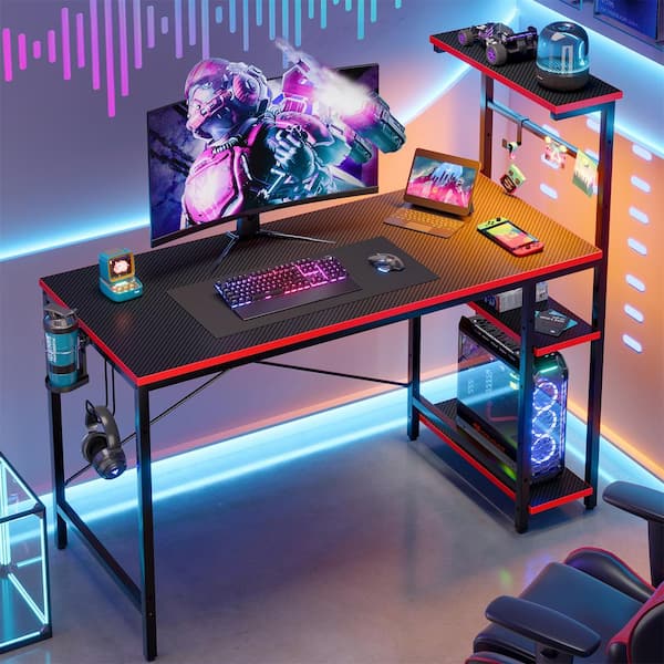 44 in. Rectangular Black Carbon Fiber Gaming Desk with RGB LED Lights Computer Desk with 4 Tier Storage Shelves and Hook