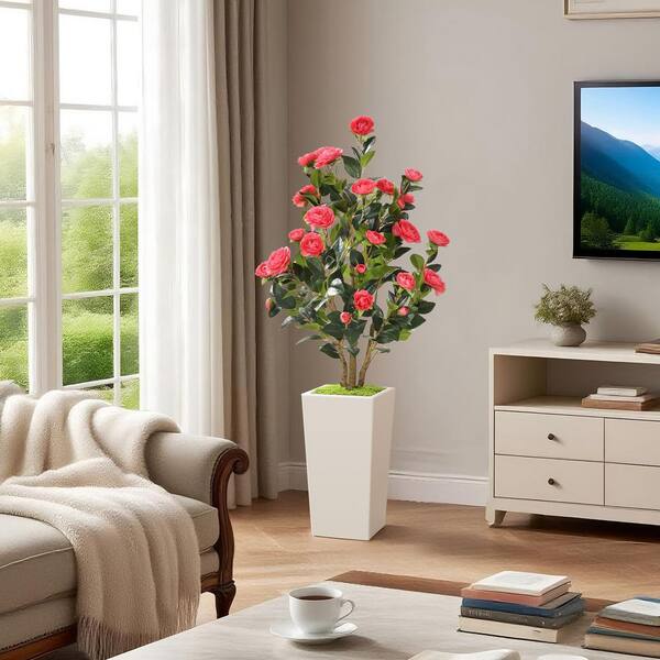 4 ft. Artificial Camellia Tree in White Planter with Pink Flower