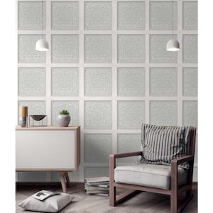 Ornate Wood Panel Dove White Wallpaper (Covers 56 sq. ft.)