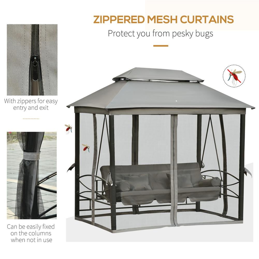 Gray Steel 3-Person Gazebo Swing Chair with Mesh Sidewalls