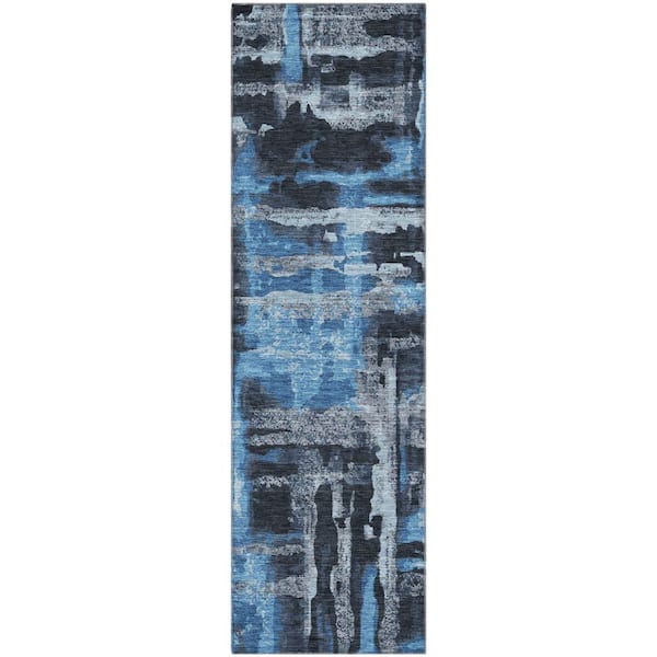 Mayfield Premium Machine Washable Abstract AMF2015 Black 2 ft. x 7 ft. Runner Rug