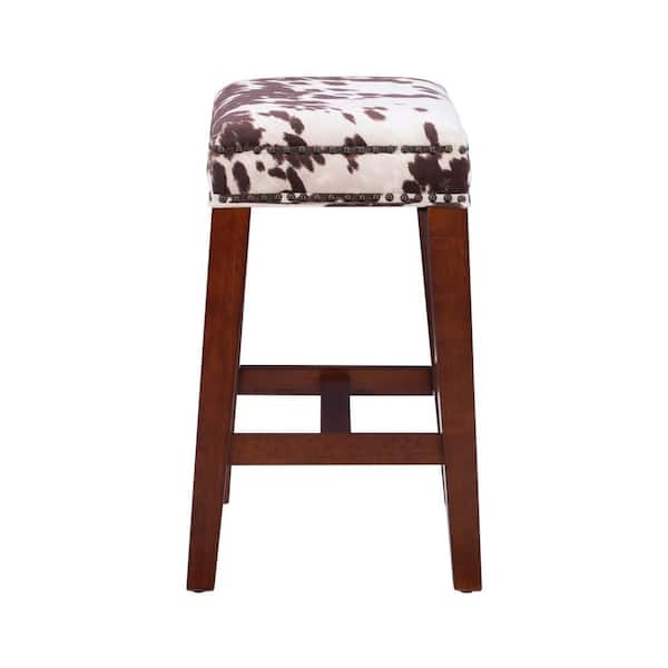 Benjamin 24 in. Brown Backless Wood Bar Stool with Cow Printed Polyester Seat
