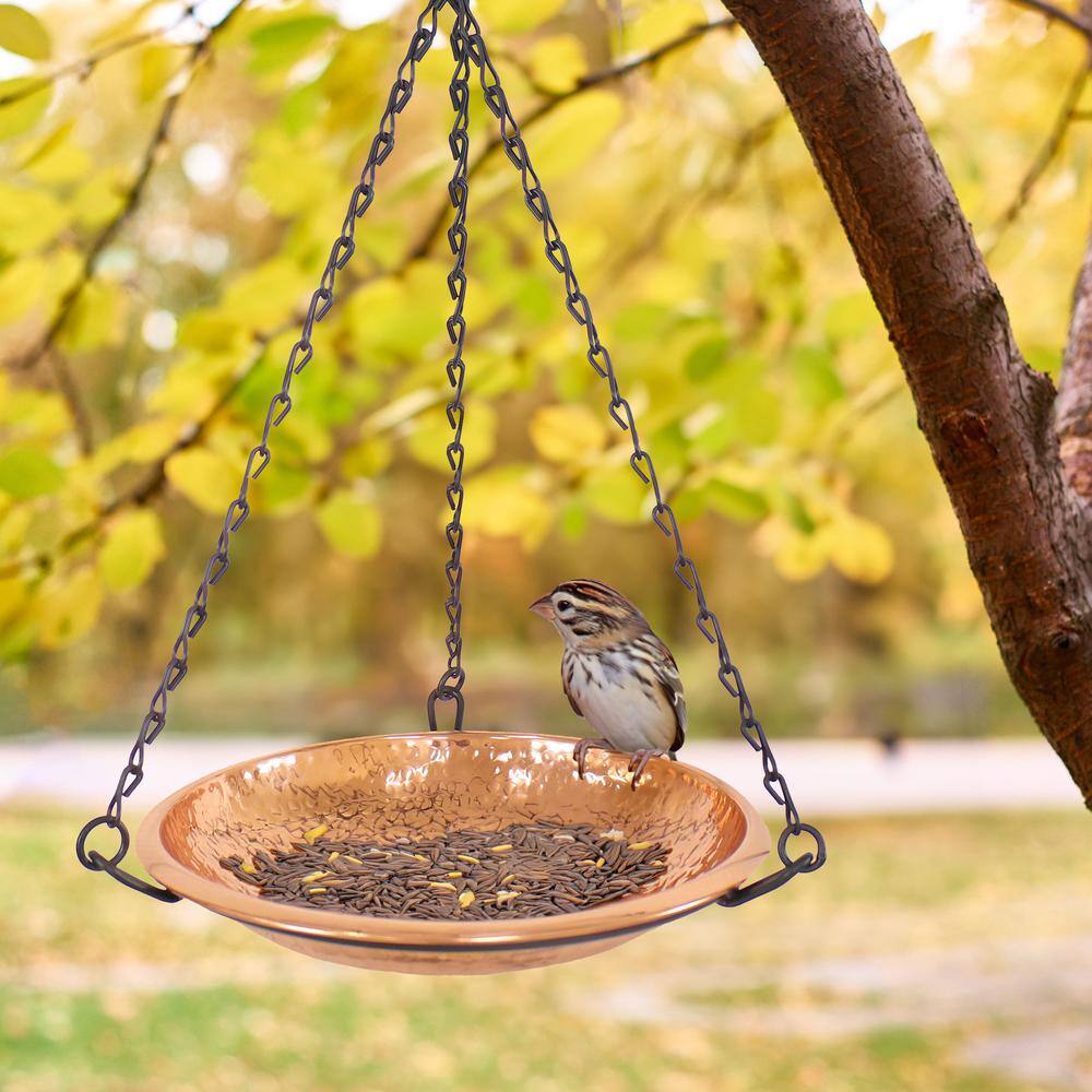 Hand-Hammered Copper Hanging Bird Bath Feeder with Iron Chains