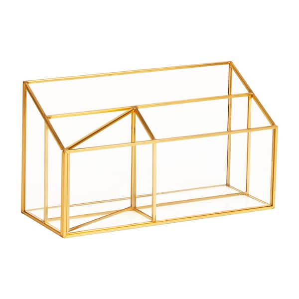 4-Compartment Glass Desktop Organizer with Copper Trim, Angled Design for Office Supplies, Glass and Copper, Clear