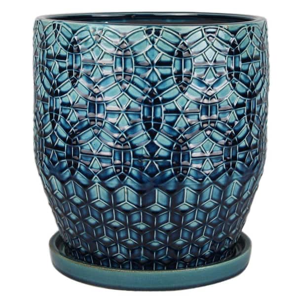 Trendspot 12 in. Dia Blue Rivage Ceramic Planter