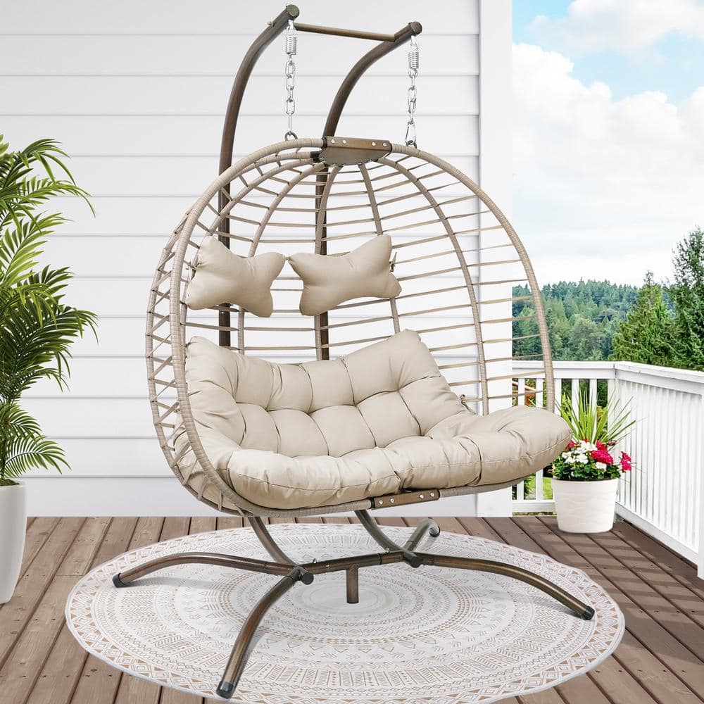 NICESOUL Large 2-Person Beige Wicker Double Porch Swing Egg Chair with ...