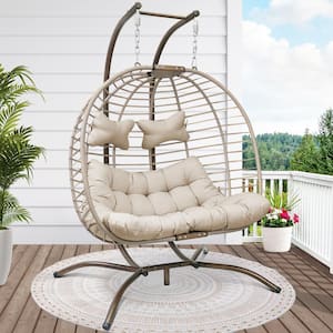 Large 2-Person Beige Wicker Double Porch Swing Egg Chair with Stand and Cushion