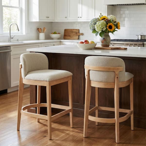 33 in. H Natural Finish Solid Wood Frame Counter Stools with Beige Upholstery (Set of 2)