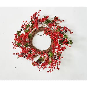 14 in. Artificial Mixed Berry Leaf Wreath on Twig Base