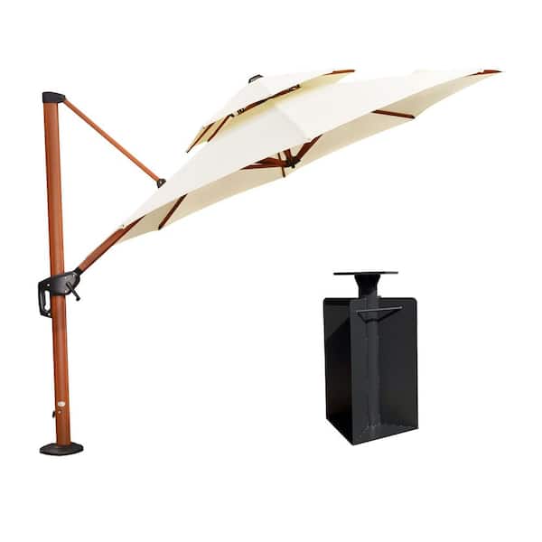 PURPLE LEAF 10 ft. Octagon High-Quality Wood Pattern Aluminum Cantilever Polyester Patio Umbrella with Base in Ground, Cream