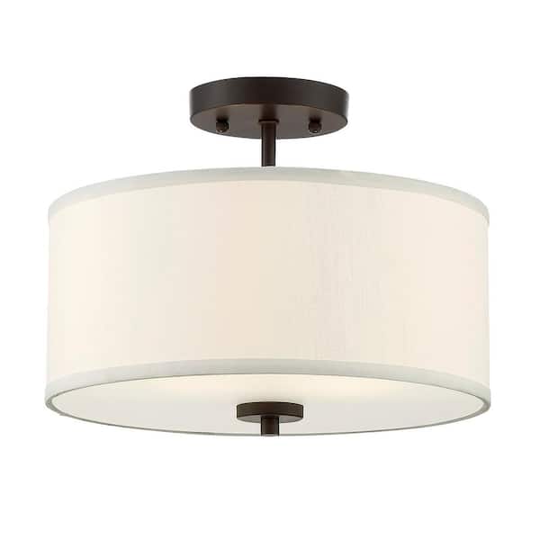 Savoy House Meridian 13 in. W x 10 in. H 2-Light Oil Rubbed Bronze Semi-Flush Mount Ceiling Light with White Fabric Shade