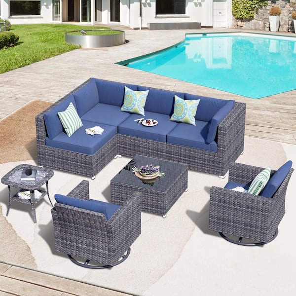 HOOOWOOO Messi Grey 8-Piece Wicker Outdoor Patio Conversation Sofa Set with Swivel Rocking Chairs and Denim Blue Cushions