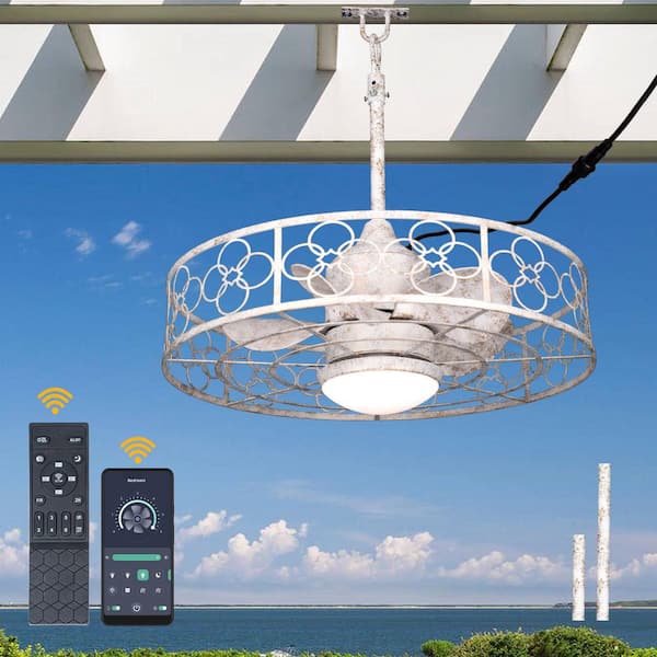 23 in. Outdoor Distressed White Caged Ceiling Fan with LED Light and Remote, 6-Speed Fandeliers