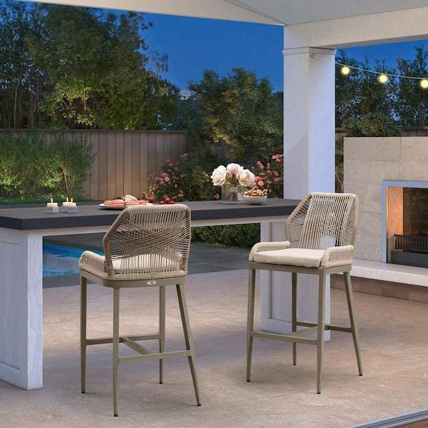 Modern Aluminum Twill Wicker Woven Bar Height Outdoor Bar Stool with Back and Light Gray Cushion (4-Pack)