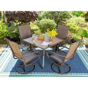 Brown 5-Piece Metal Square Patio Outdoor Dining Set with Wood-Look Table and Textilene Swivel Chairs
