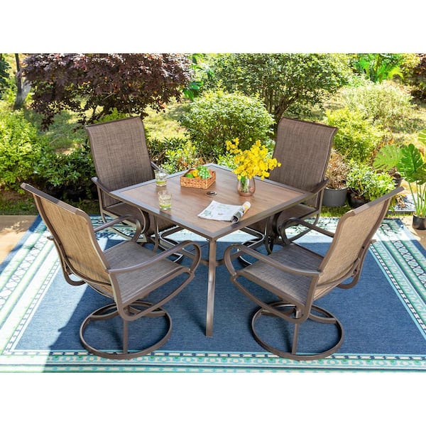 PHI VILLA Brown 5-Piece Metal Square Patio Outdoor Dining Set with Wood-Look Table and Textilene Swivel Chairs