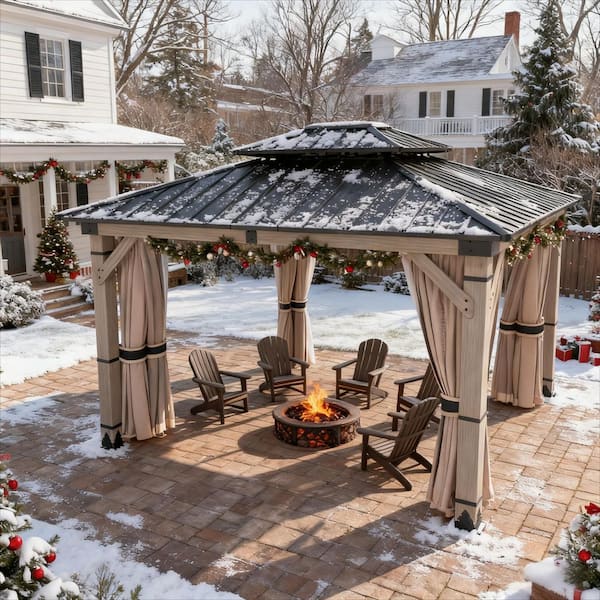 Cedarfort 10 ft. x 12 ft. Outdoor Cedar Wood Frame Hardtop Gazebo with Galvanized Steel Roof, Netting and Curtains