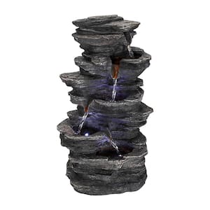 Large Resin Tabletop Fountain - 15.7 in. Crafted Stacked Rockery Waterfall Fountain with LED Lights for House, Office