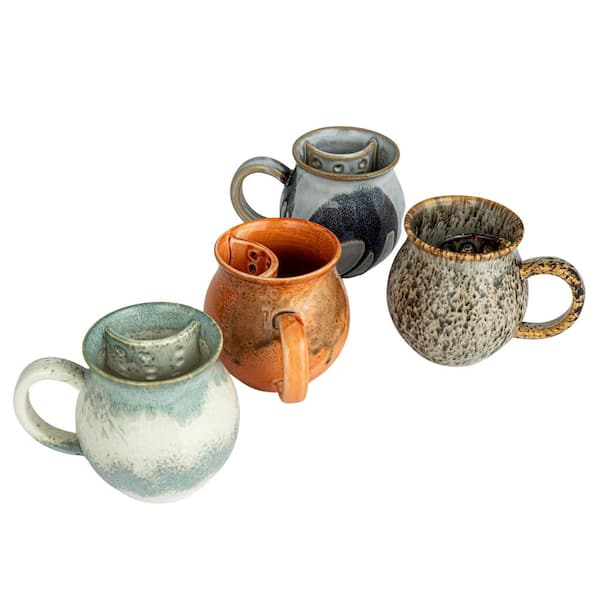 16 oz. Multicolor Artisanal Stoneware Tea Mug with Integrated Teabag Holder (Set of 4)