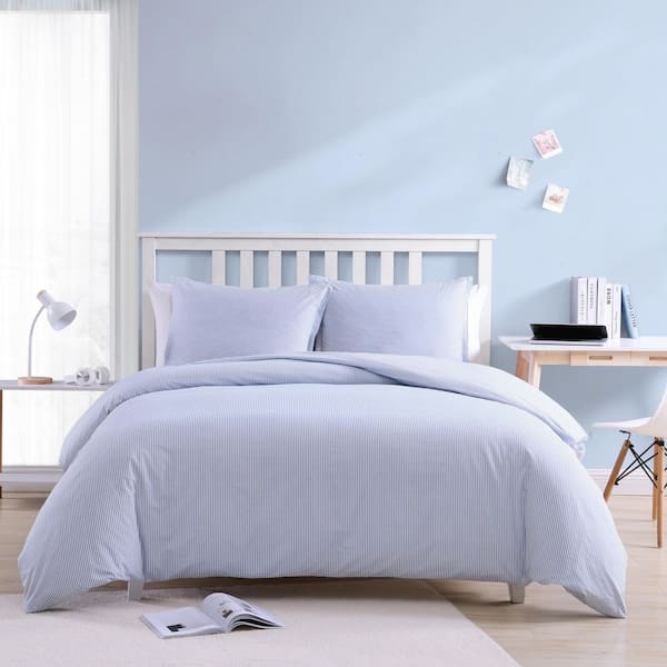 Oxford Stripe 3-Piece Blue Cotton Full/Queen Duvet Cover Set