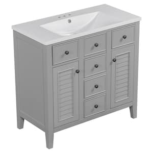 36 in. W x 19 in. D x 35 in. H Single Sink Freestanding Bath Vanity in Gray with White Ceramic Top