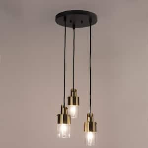 Coluse 3-Light Modern Black Chandelier, Transitional Brass Gold Adjustable Hanging Pendant with Cylinder Clear Glass